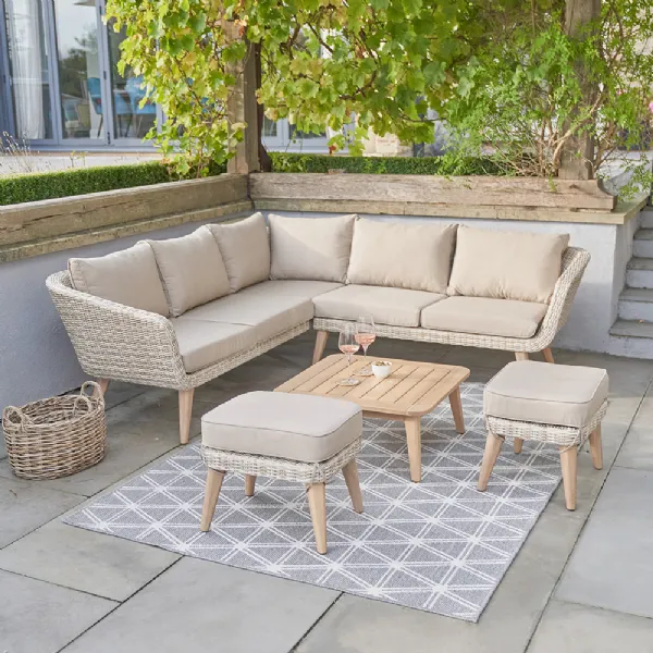 Acacia Wood and Rattan Weave Outdoor Corner Sofa Set