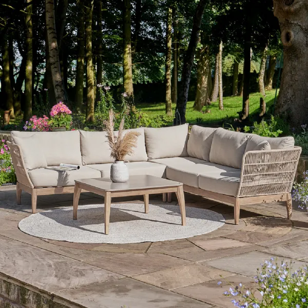 Beige Rope Weave Outdoor Corner Sofa Set Square Coffee Table