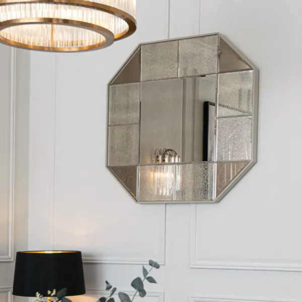 Antique Wood and Mirrored Glasd Octagonal Wall Mirror