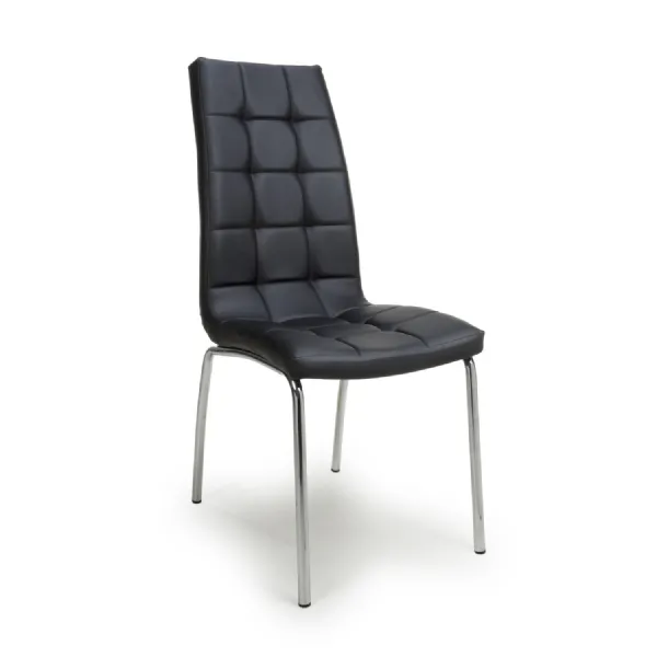 Black Leather Effect Grid Patterned Dining Chair Chrome Legs