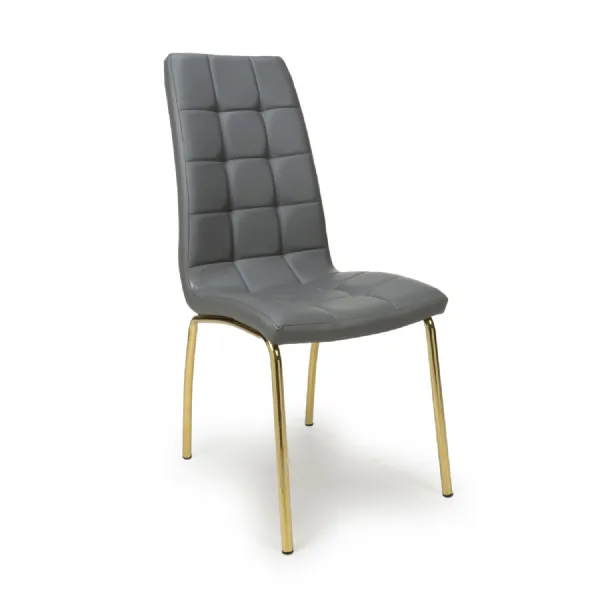 Grey Leather Effect Grid Patterned Dining Chair Gold Legs