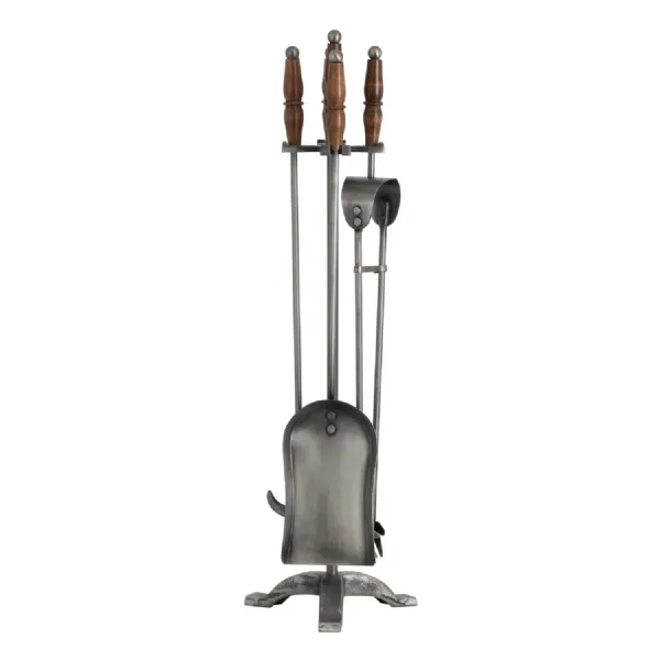 Hand Turned Fire Companion Set With Wooden Handles