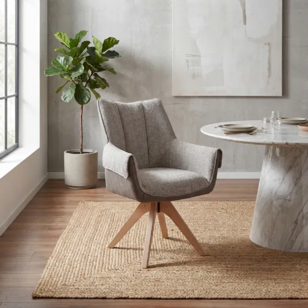 Tan Tweed Fabric Swivel Dining Chair Light Wooden Legs