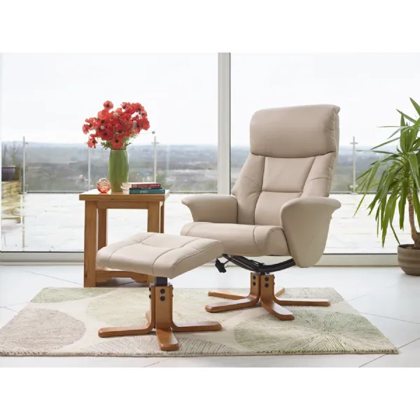 Cafe Latte Leather Effect Swivel Recliner Footstool Oak Base