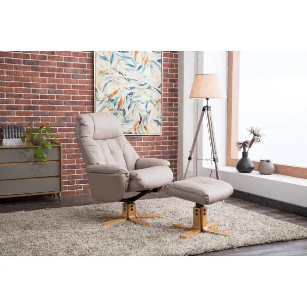 Putty Grey Leather Swivel Recliner Armchair with Footstool
