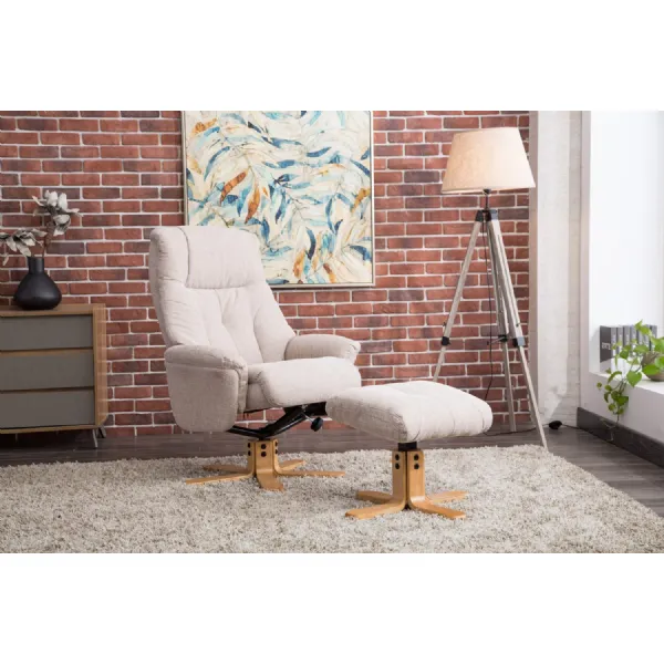 Beige Cream Fabric Swivel Recliner with Footstool Oak Base