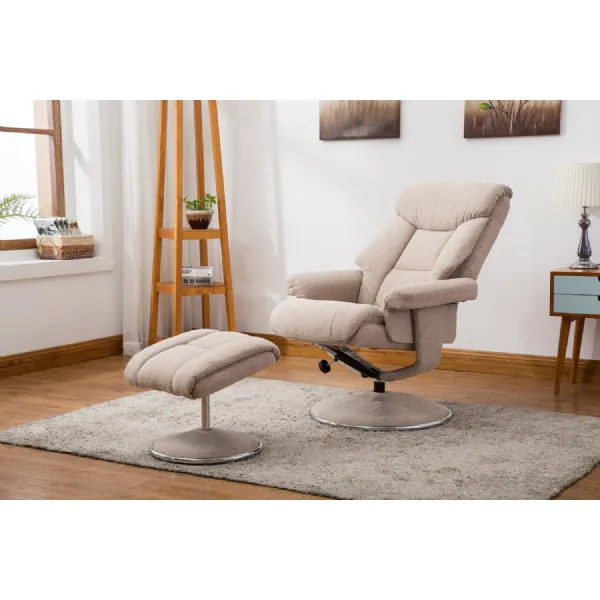 Beige Fabric Swivel Recliner Armchair and Footstool