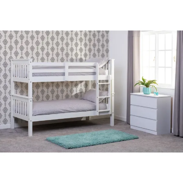 White Wood 3ft Single 90cm Kids Bunk Bed with Side Ladder