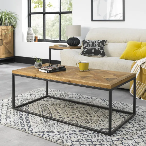 Rustic Oak Rectangular Coffee Table Black Metal Base