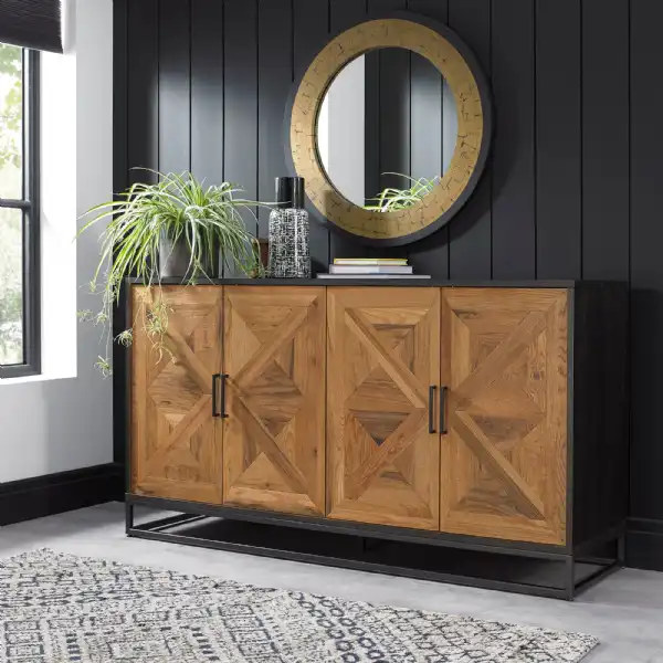 Large Rustic Oak Parquet Chevron 4 Door Sideboard 160cm Wide