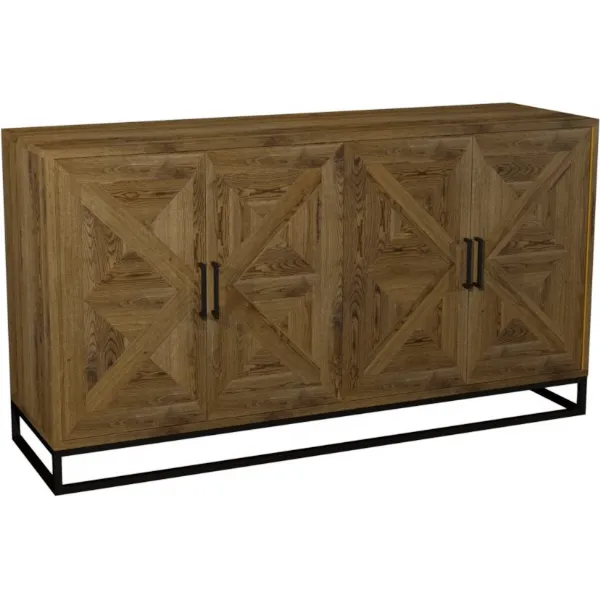 Rustic Oak 4 Door Wide Sideboard Metal Base