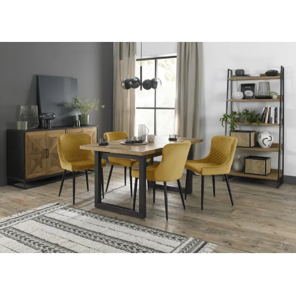 Rustic Oak Extending Dining Table 4 Yellow Velvet Chairs Set