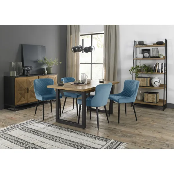 Rustic Oak Extending Dining Table Set 4 Blue Velvet Chairs
