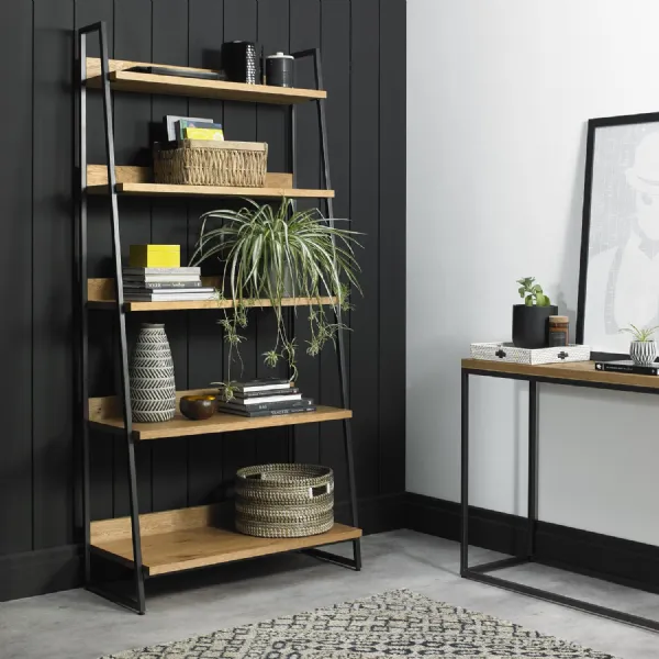 Rustic Oak Open Ladder Display Shelf Unit Black Metal Frame