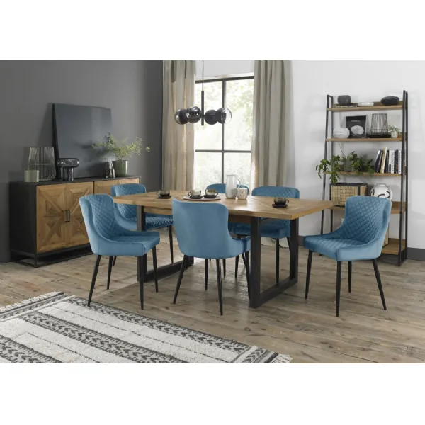 Rustic Oak Extending Dining Table Set 6 Blue Velvet Chairs