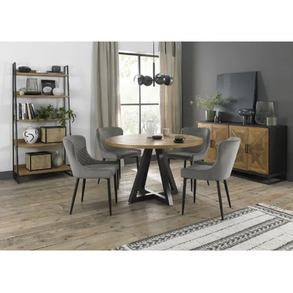 Rustic Oak Round Dining Table Set 4 Grey Velvet Chairs