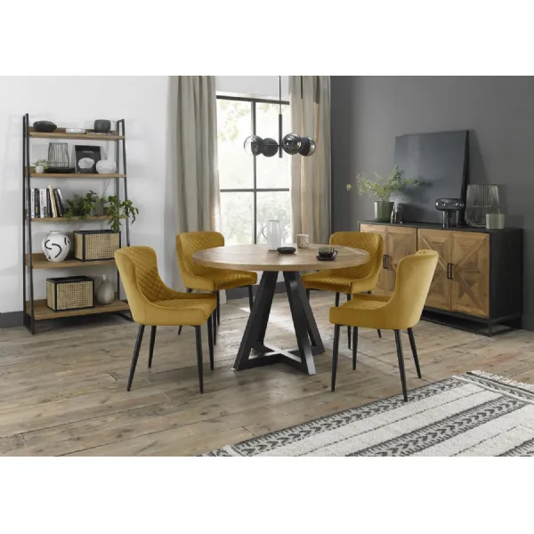 Rustic Oak Dining Table 4 Yellow Velvet Chairs Dining Set