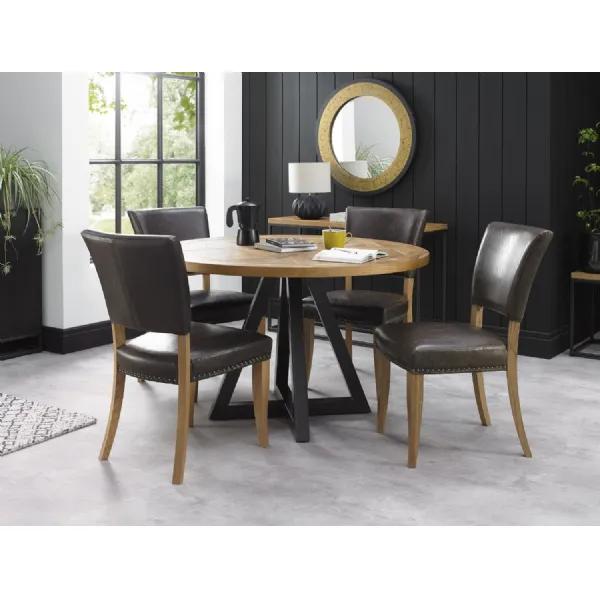 Rustic Oak Round Dining Table Black Legs 125cm Diameter