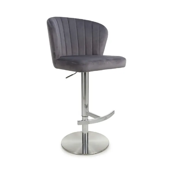 Grey Brushed Velvet Fabric Swivel Bar Stool Steel Base