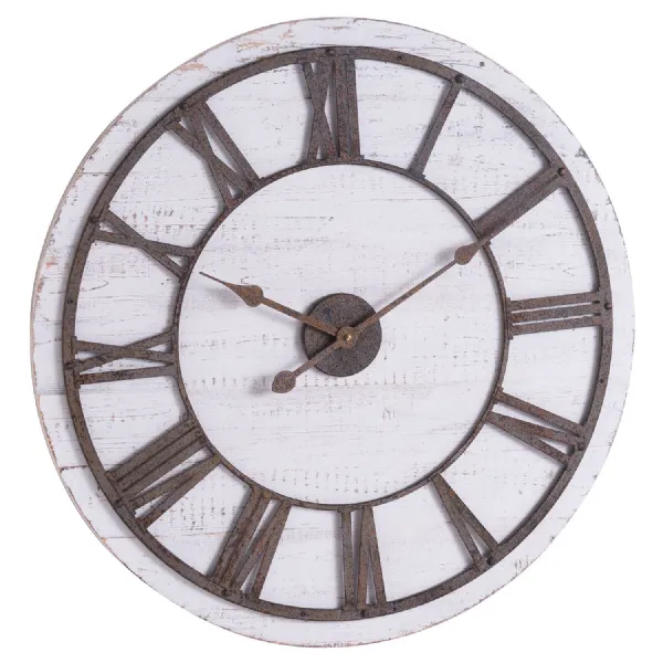 Rustic White Washed Wooden Wall Clock With Aged Roman Numerals And Hands