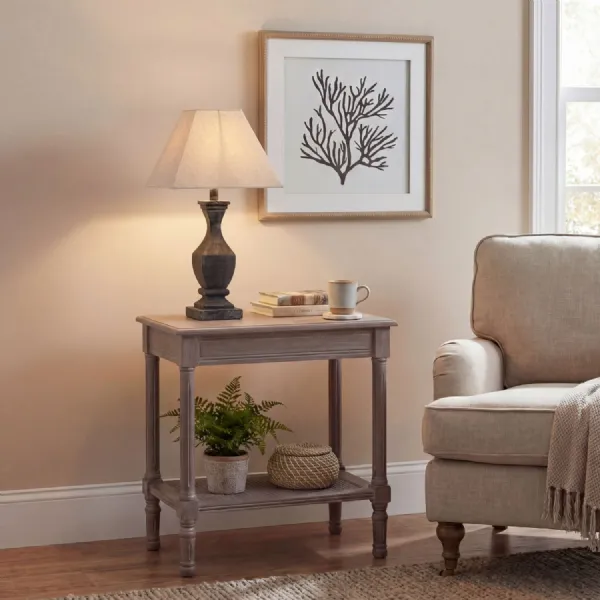 Incia Fluted Brown Grey Washed Wooden Table Lamp With Linen Shade