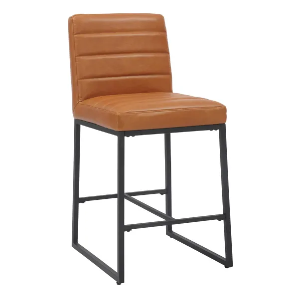 Light Brown Real Leather Cushioned Bar Stool Metal Framed