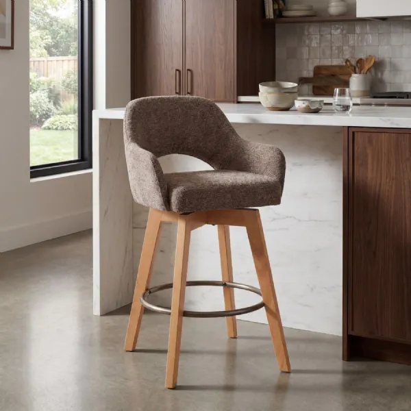 Coffee Fabric Swivel Bar Stool Wooden Legs