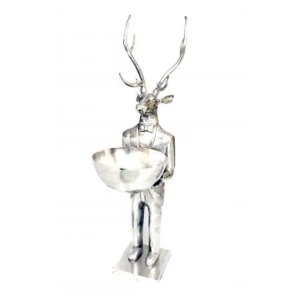 Silver Finished Tall Recycled Aluminium Deer Sculpture with Bowl Stand