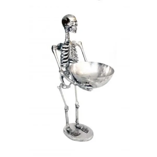 Aluminium Skeleton Figurine with Bowl in Silver Finish H155cm