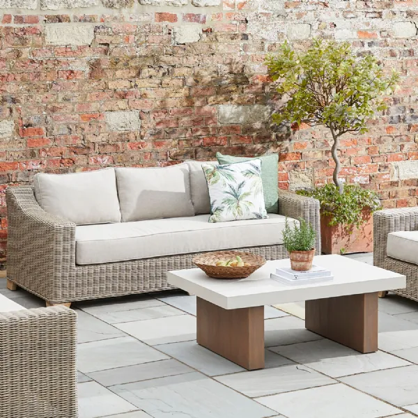 Large Beige Rattan 3 Seater Outdoor Cushioned Sofa