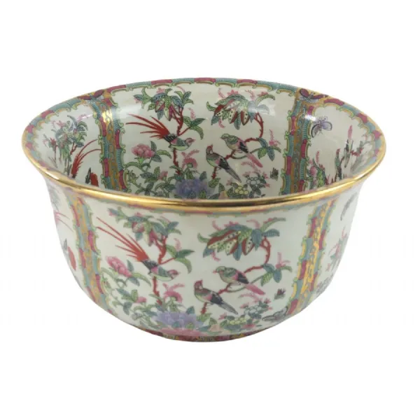 Chinese Famille Verte Birds Trees Gold Rimmed Bowl 24cm