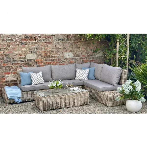 Beige Rattan Effect Large Outdoor Corner Sofa Set