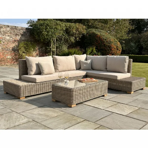 Beige Rattan Effect Outdoor Large Corner Sofa Set