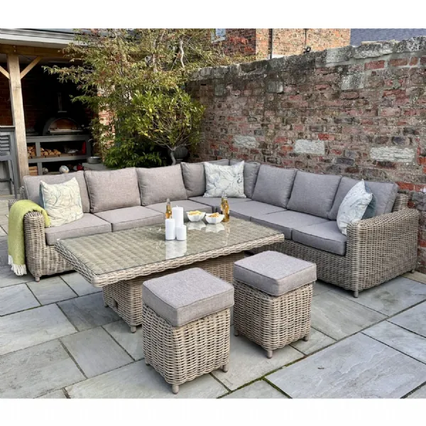 Beige Rattan Effect Large Garden Corner Sofa Set Riser Table
