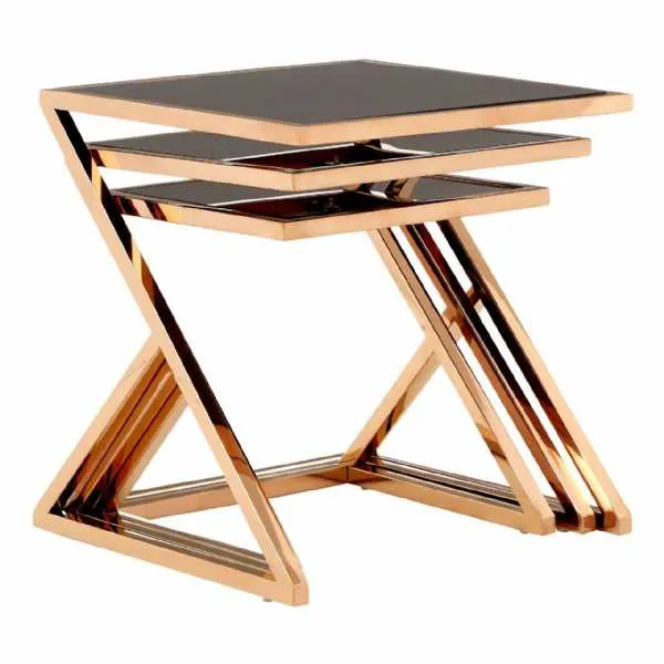 Metal Rose Gold Finish Nest Of 3 Tables With Black Glass Tops