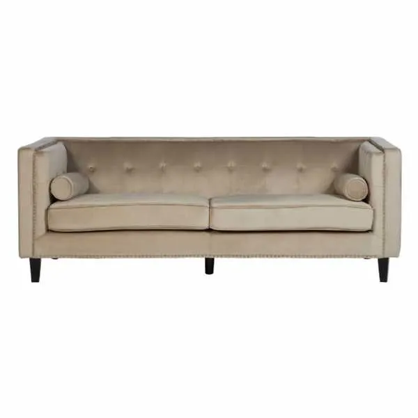 Large 3 Seat Mink Velvet Fabric Buttoned Sofa Black Wood Feet