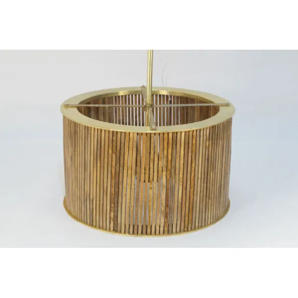 Large Wooden Slatted Round Lamp with Brass Clad Edges