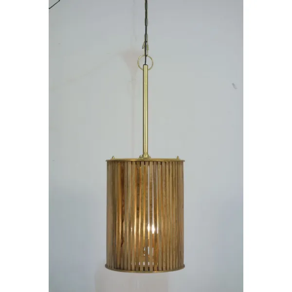 Small Wooden Slatted Round Lamp with Brass Clad Edges