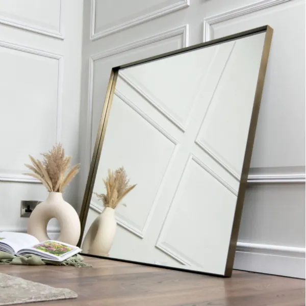 Antique Brushed Brass Metal Square Wall Mirror 100cm
