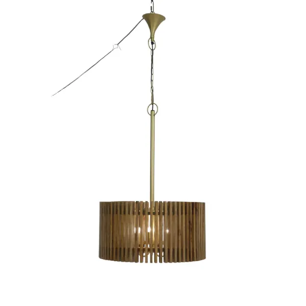 Wide Natural Mango Wood Slatted Pendant Lamp with Three Lights