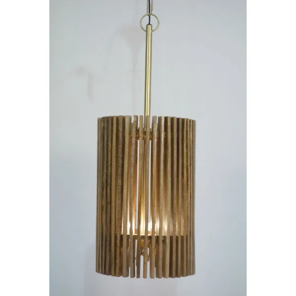 Wooden Slatted Long Pendant Lamp with Three Light Fittings