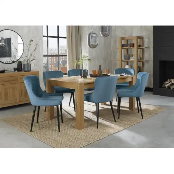 Light Oak 8 Seater Table And 6 Blue Velvet Chairs Dining Set