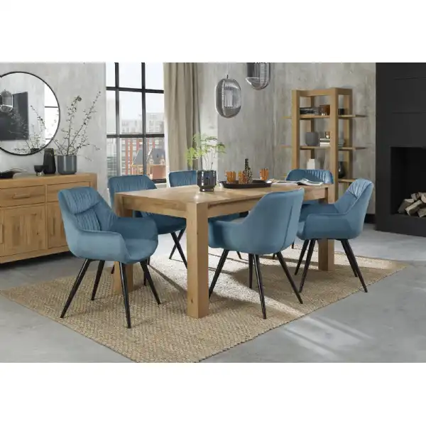 Light Oak Extending Dining Set 6 Blue Velvet Fabric Chairs