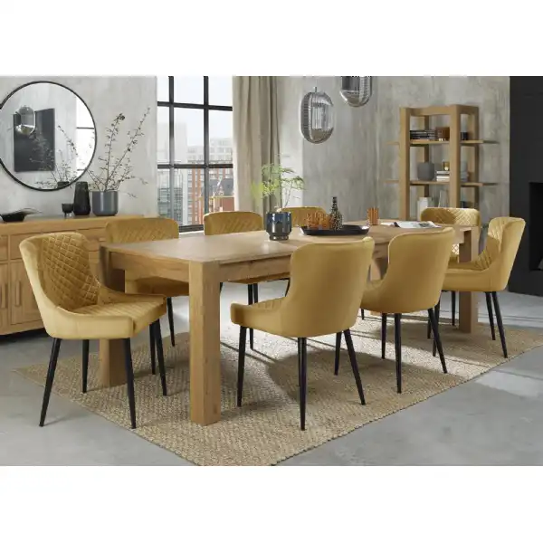Oak Large Extending Dining Table Set 8 Yellow Velvet Chairs