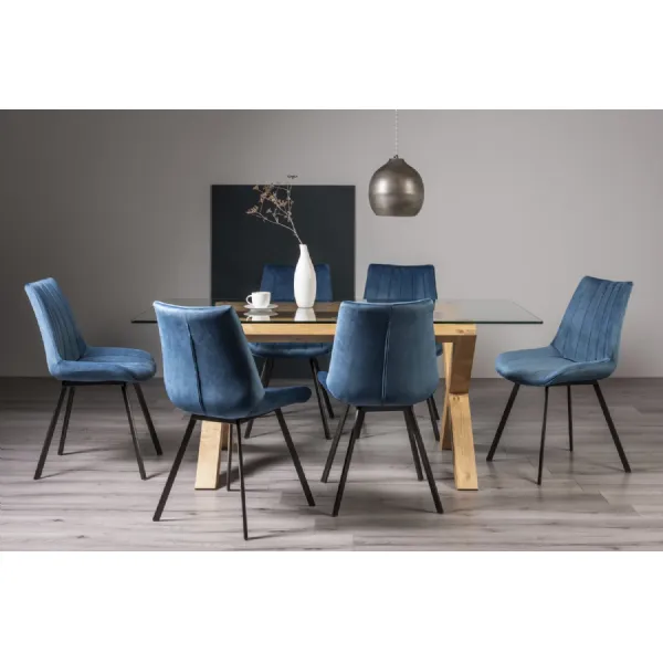 Clear Glass Table X Oak Legs 6 Blue Velvet Chairs Dining Set