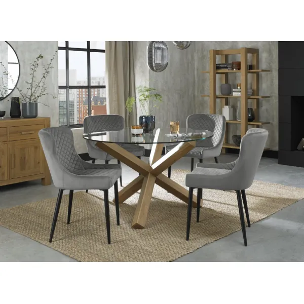 Oak Glass Round Dining Table Set 4 Grey Velvet Chairs