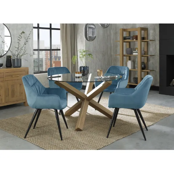 Clear Glass Round Dining Set 4 Blue Velvet Chairs