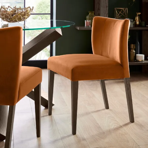 Pumpkin Orange Velvet Low Back Dining Chair Dark Legs Pair