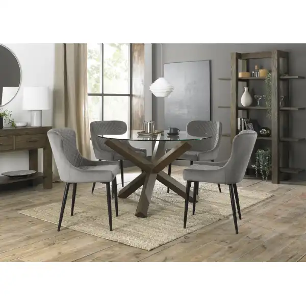 Clear Glass Small Round Dining Set 4 Grey Velvet Chairs