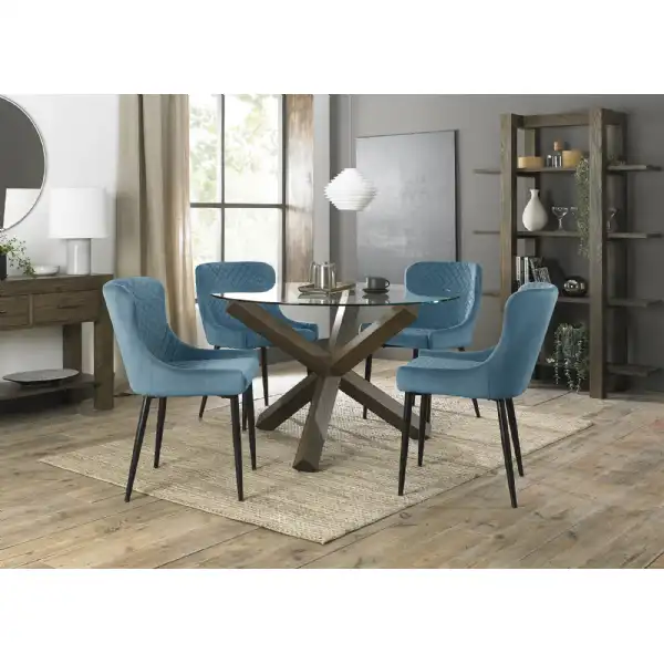 Dark Oak Clear Glass Small Dining Set 4 Blue Velvet Chairs